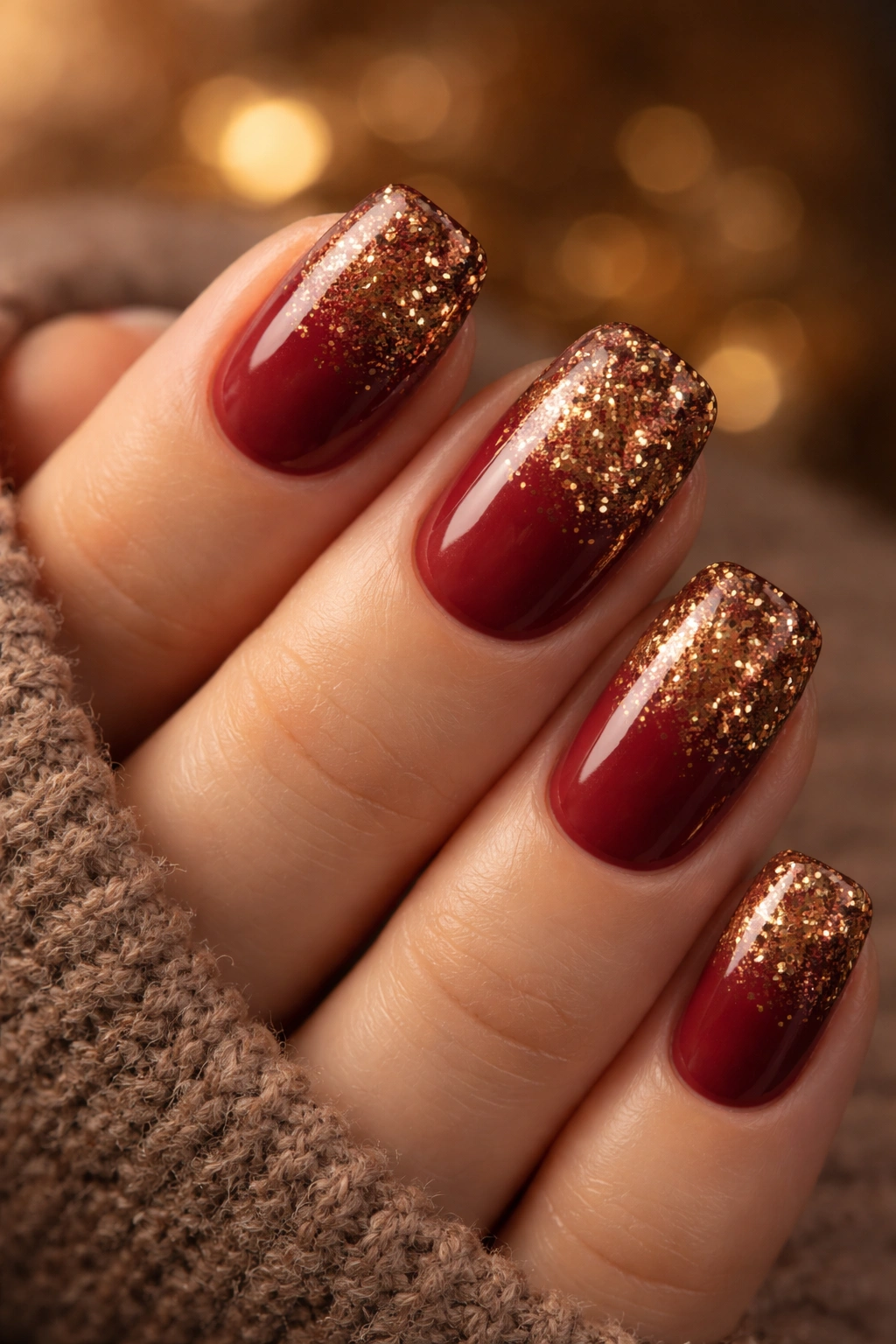 Burgundy red nails with warm glitter accents
