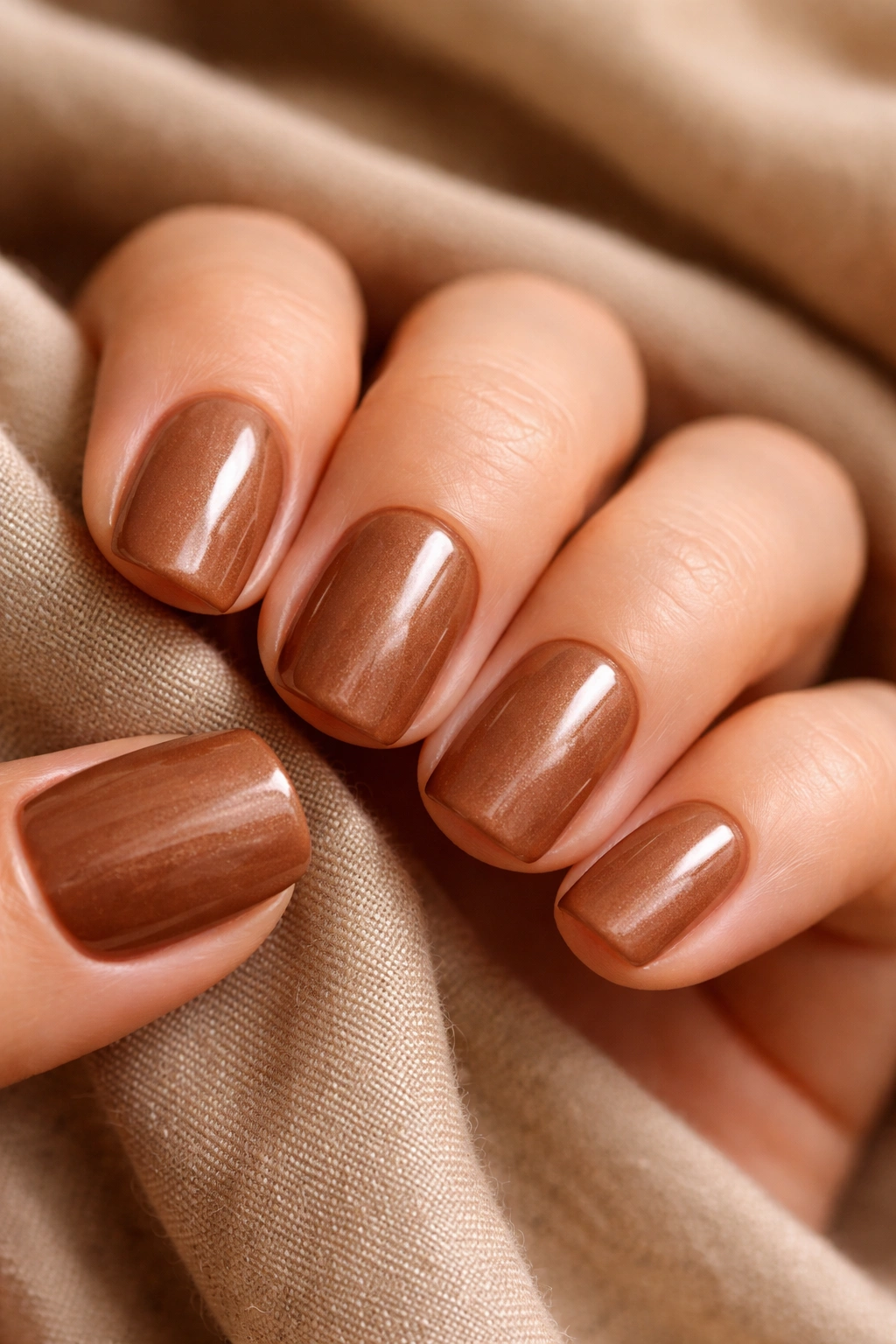 Close-up of short squoval nails in spiced chai brown satin finish