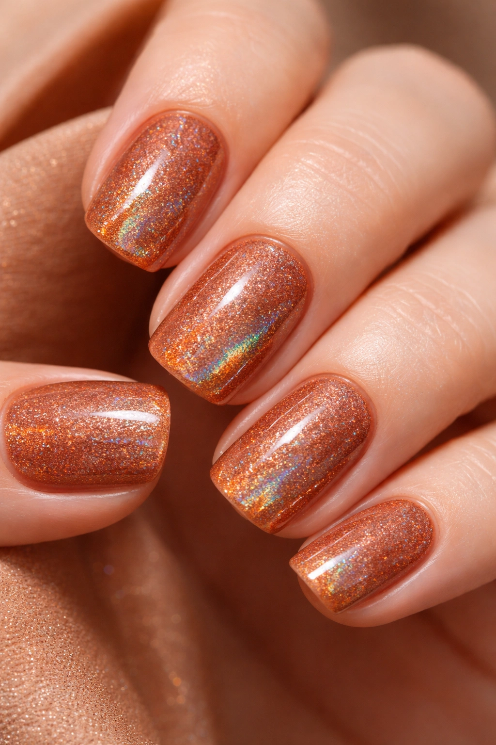 Close-up of short squoval nails in cinnamon with holographic accents