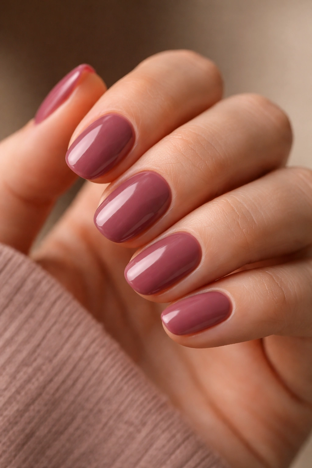 Close-up of short oval nails in spiced mauve with glossy finish