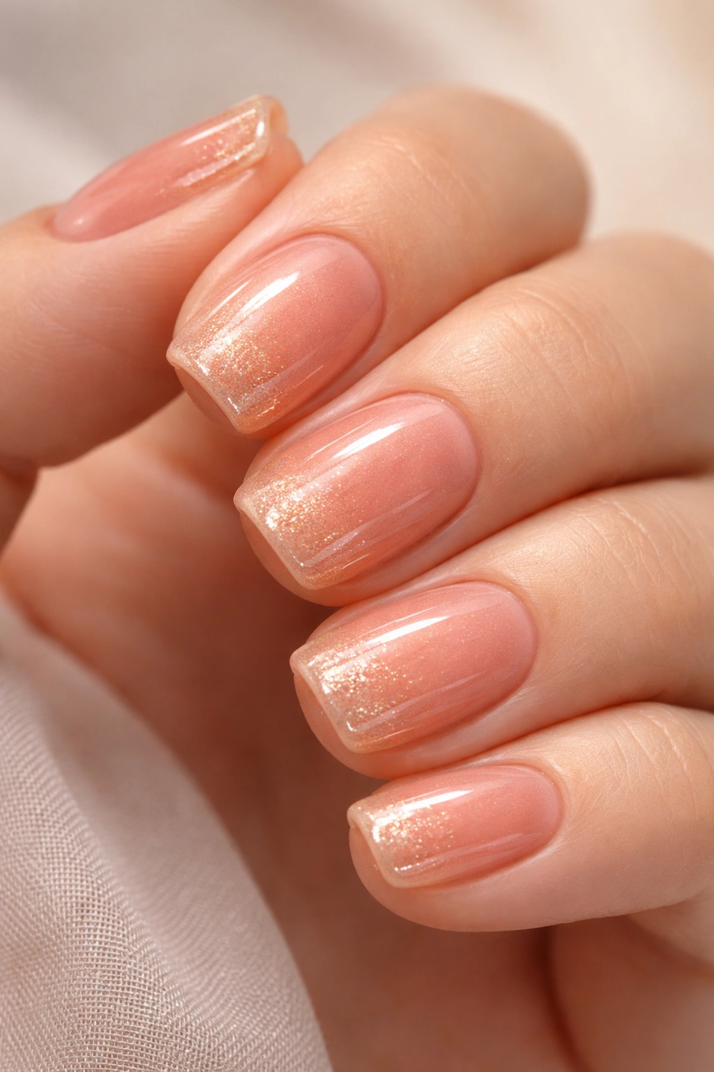 Nails with spiced peach glaze and mica-dust accent