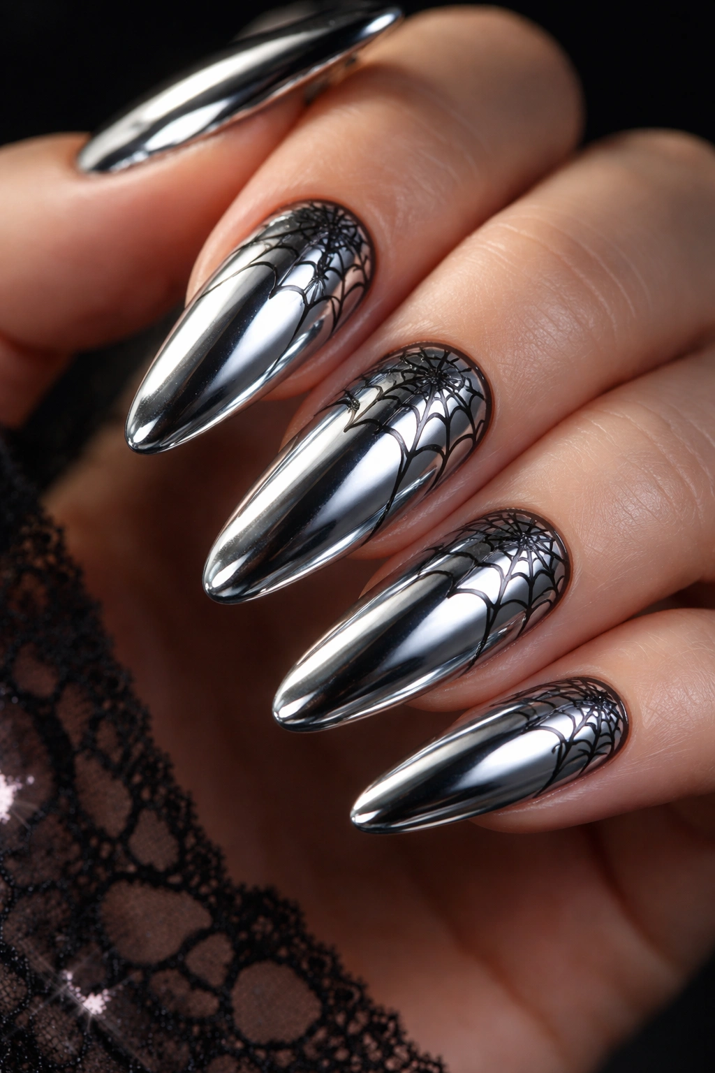 Chrome nails with black spiderweb patterns