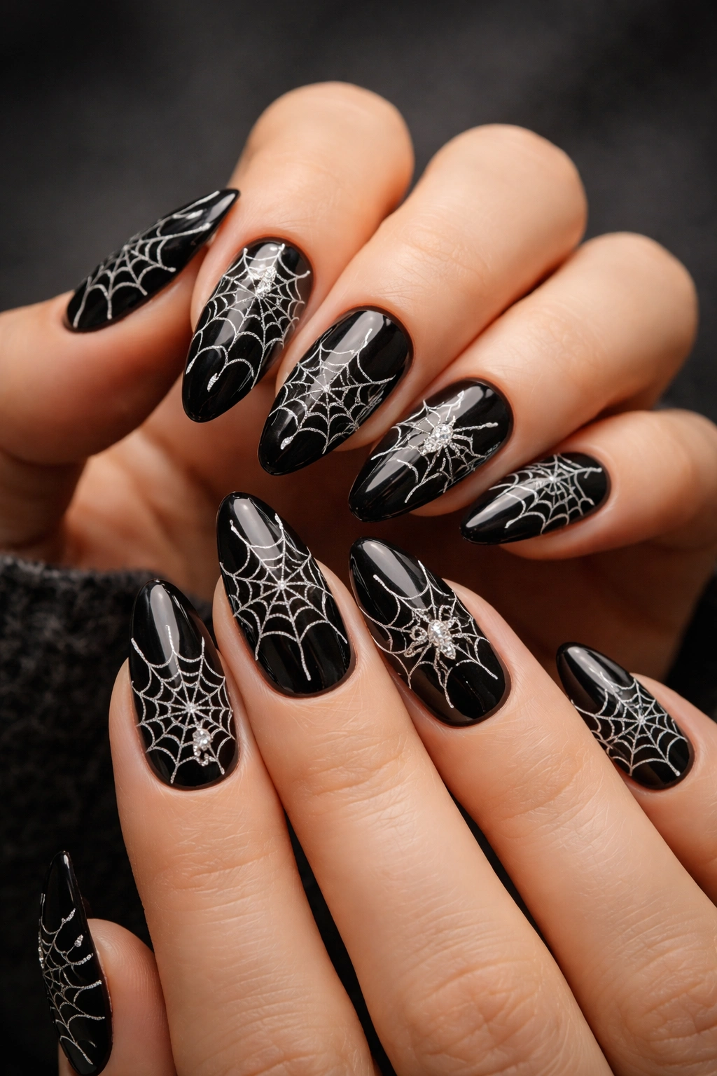 Close-up of matching spider web nails, white webs on black bases with tiny 3D spider accents.