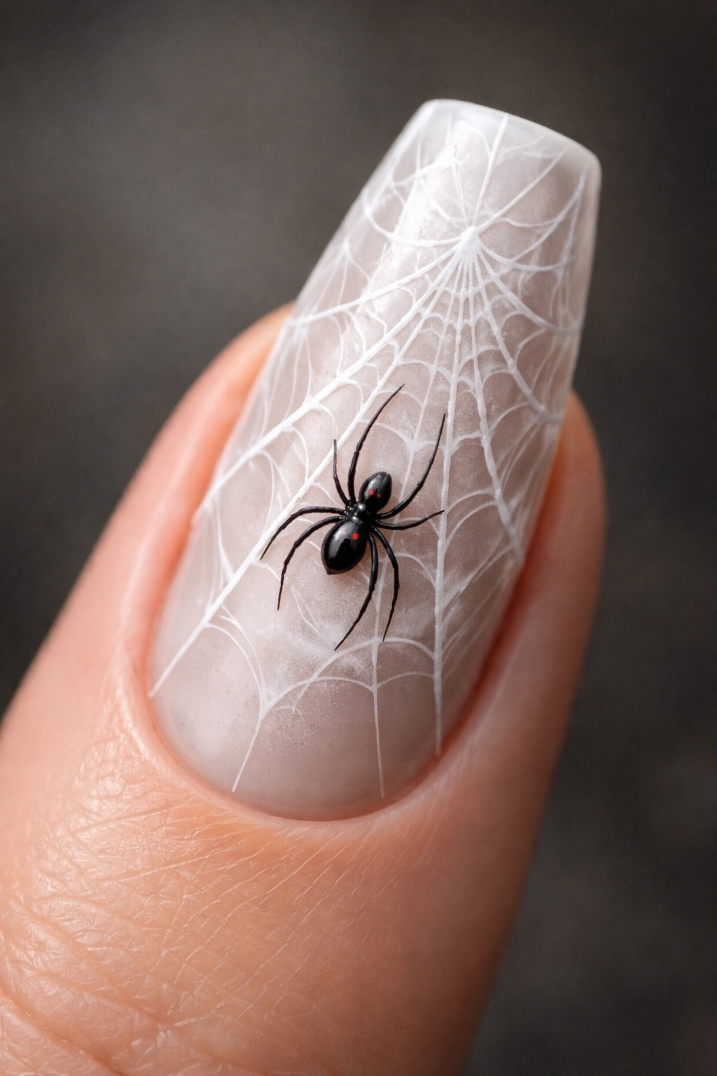 Coffin nail with white spiderweb and black widow spider