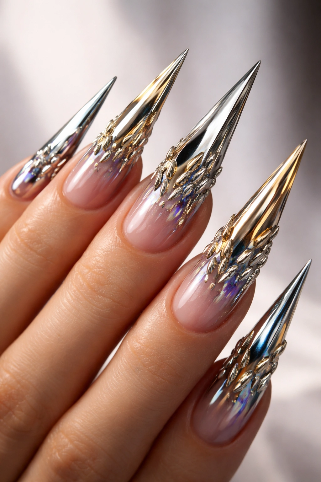 Close-up of stiletto nails with metallic spikes in gold and silver finishes