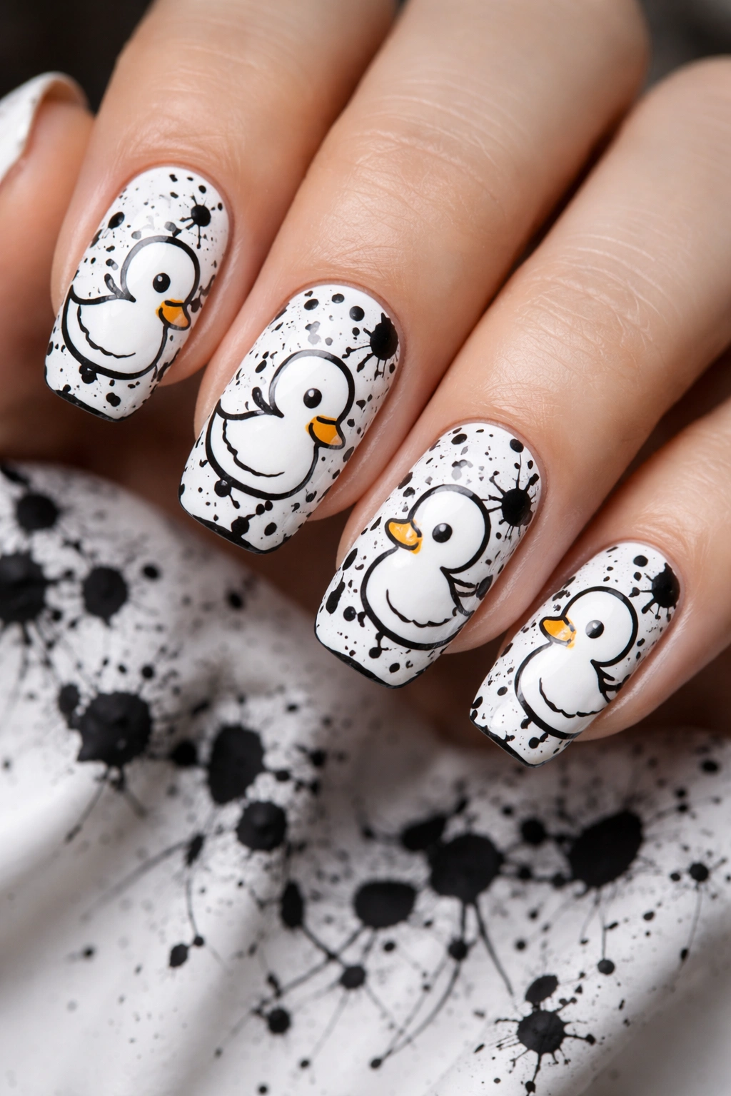 Splatter paint duck design on nails with clear duck outlines