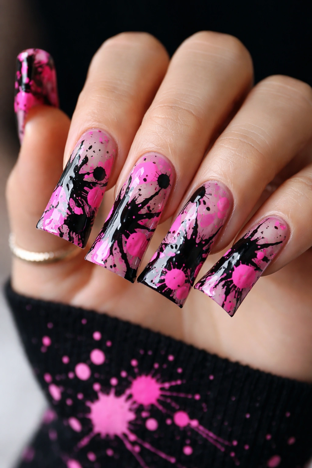 Duck nails with black and pink splatter design
