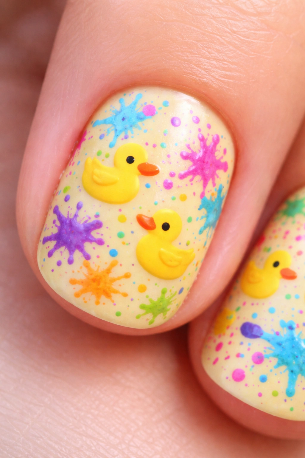 Nail art with splatter paint and simple duck shapes