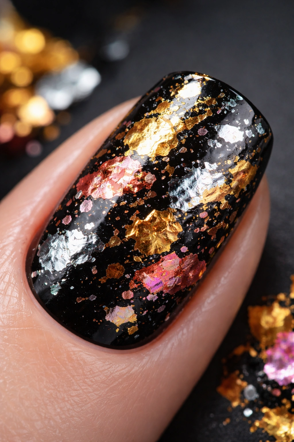 Close-up of a nail with multicolored foil splatters on a dark base.