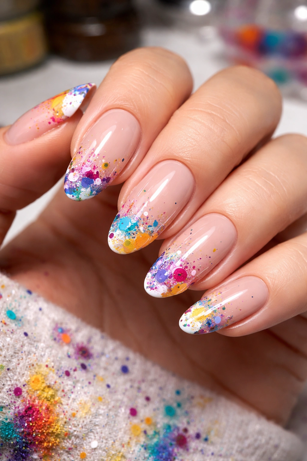 Close-up of hand with splatter art nail tips in multiple colors