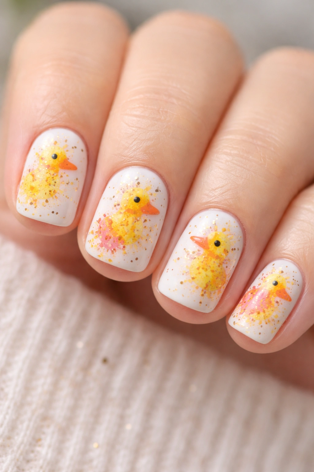 Close-up of short nails with white base and yellow/orange/pink splatter forming abstract duck shapes