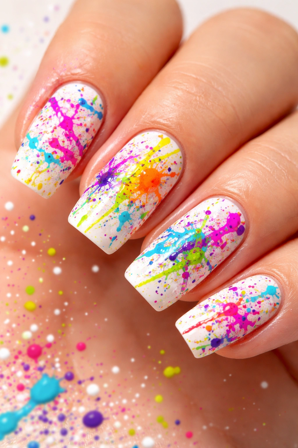 Nails with colorful splatter paint design