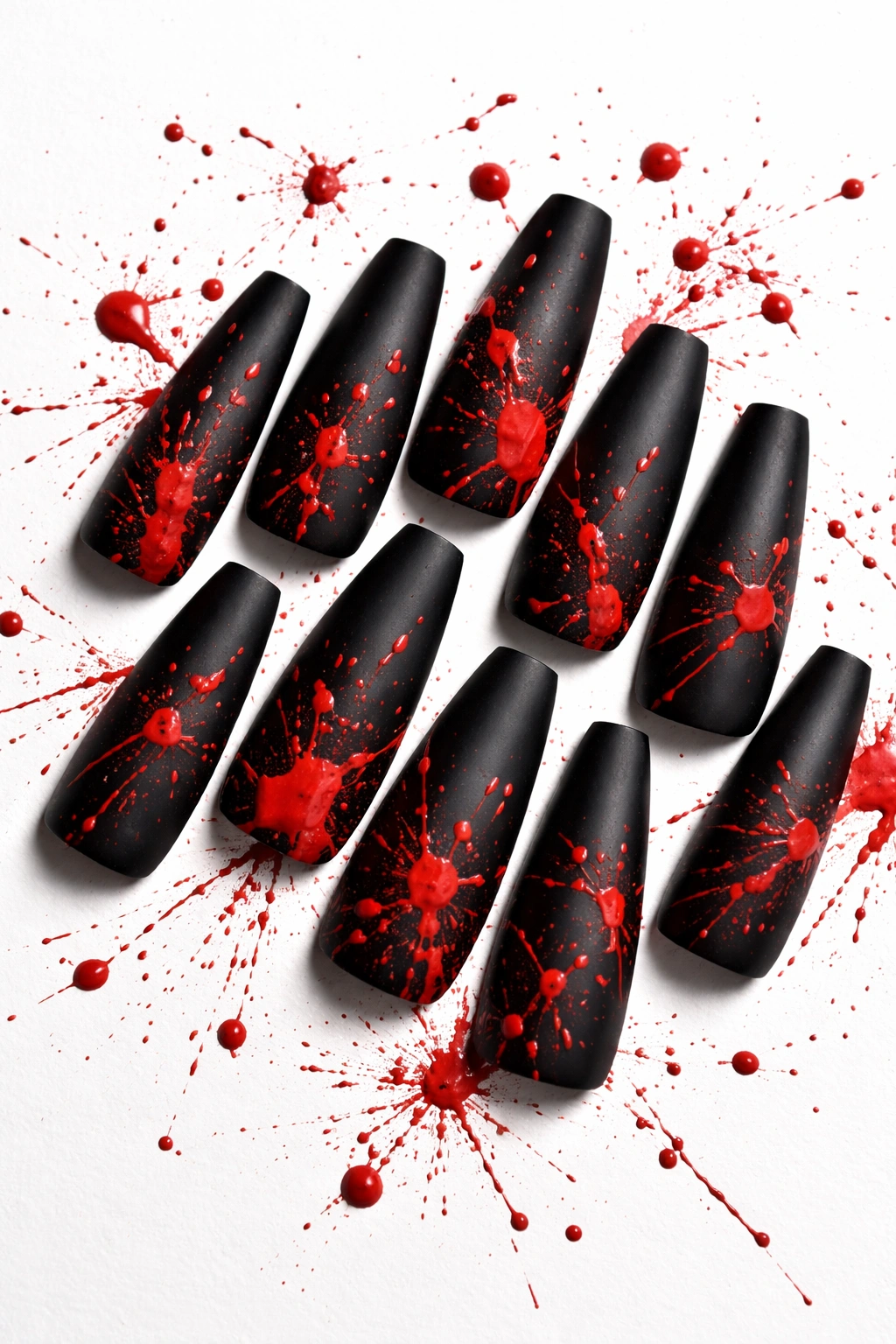 Matte black coffin nails with red splatter art macro