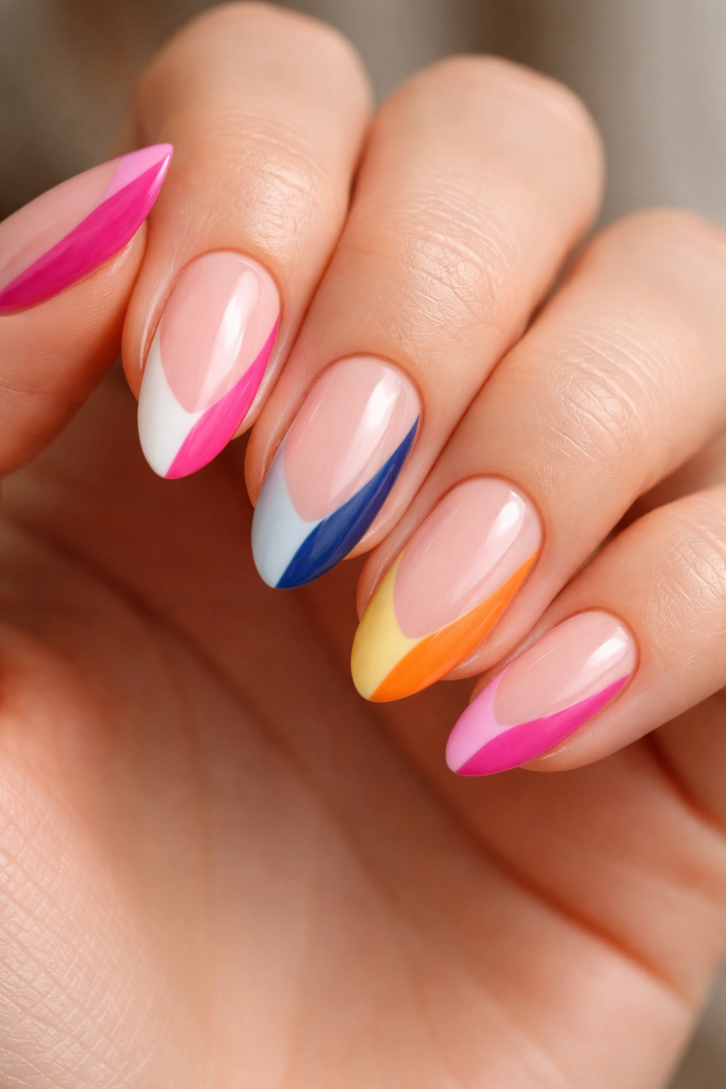Close-up of almond nails with split-color French manicure showing two-tone tips and a straight divider