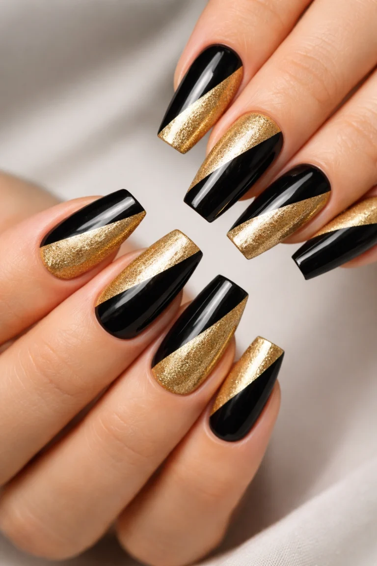 14 Black and Gold Coffin Nails for Medium Nails