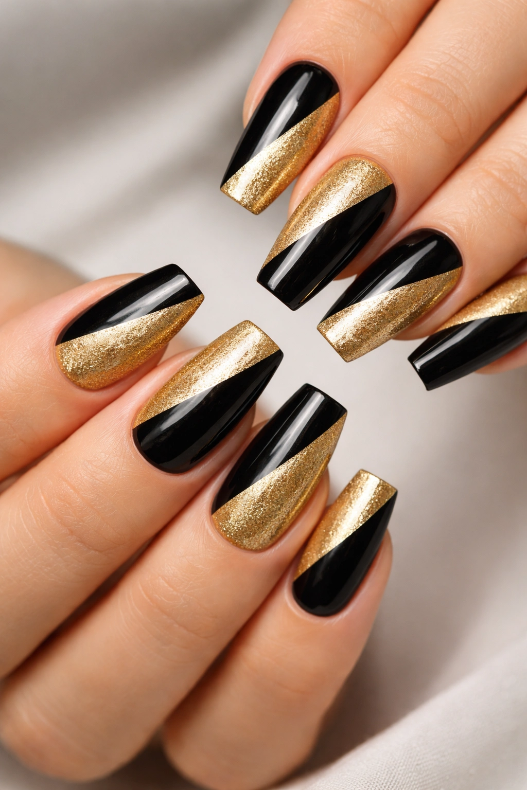 Coffin nails with diagonal black and gold split design