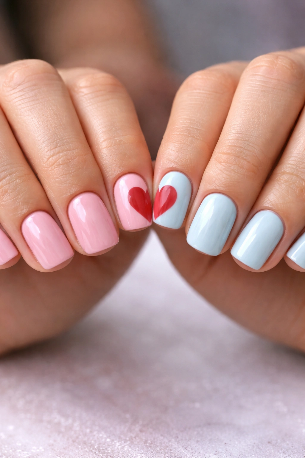 Close-up of two hands with split-heart nail art on ring fingers
