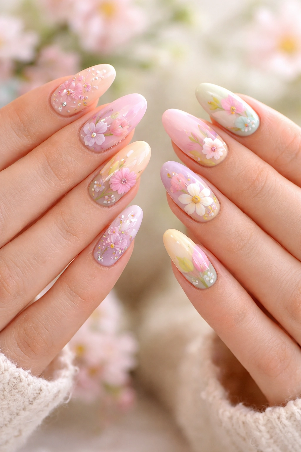 Two hands with coordinated spring nail art featuring floral blossoms in pastel colors