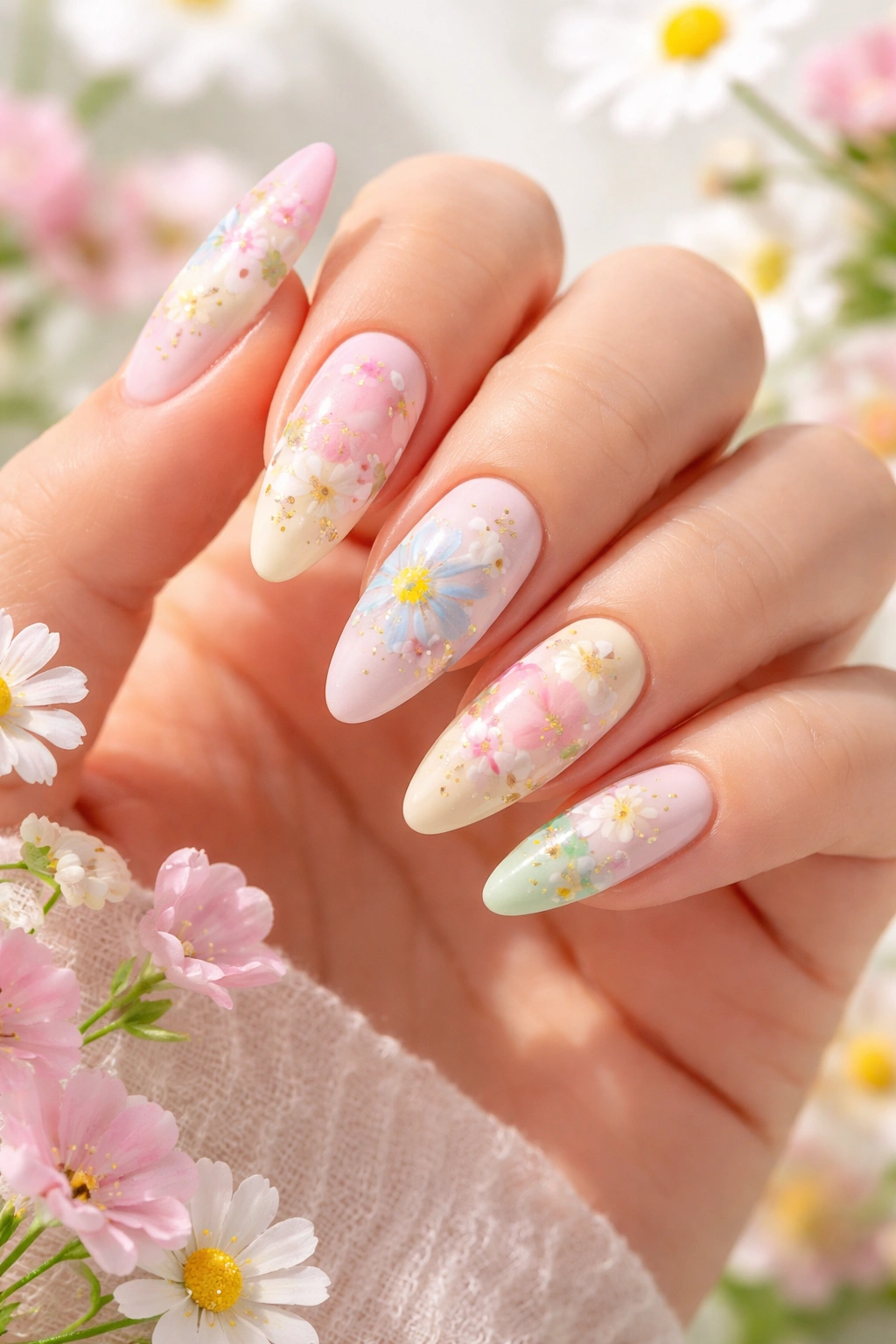 Close-up of pastel spring floral almond nails