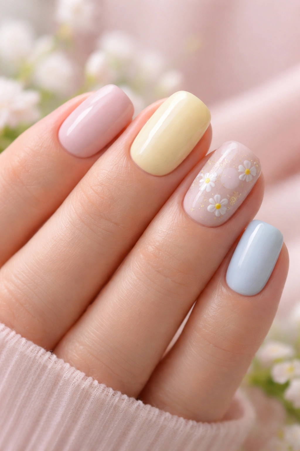 Close-up of short squoval nails in soft spring tones