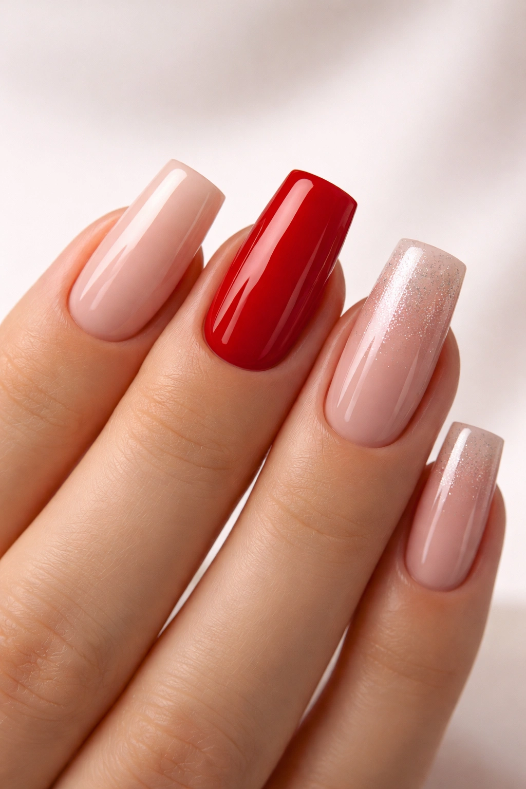 Close-up of square acrylic nails showing minimalist nude, red, and glitter designs