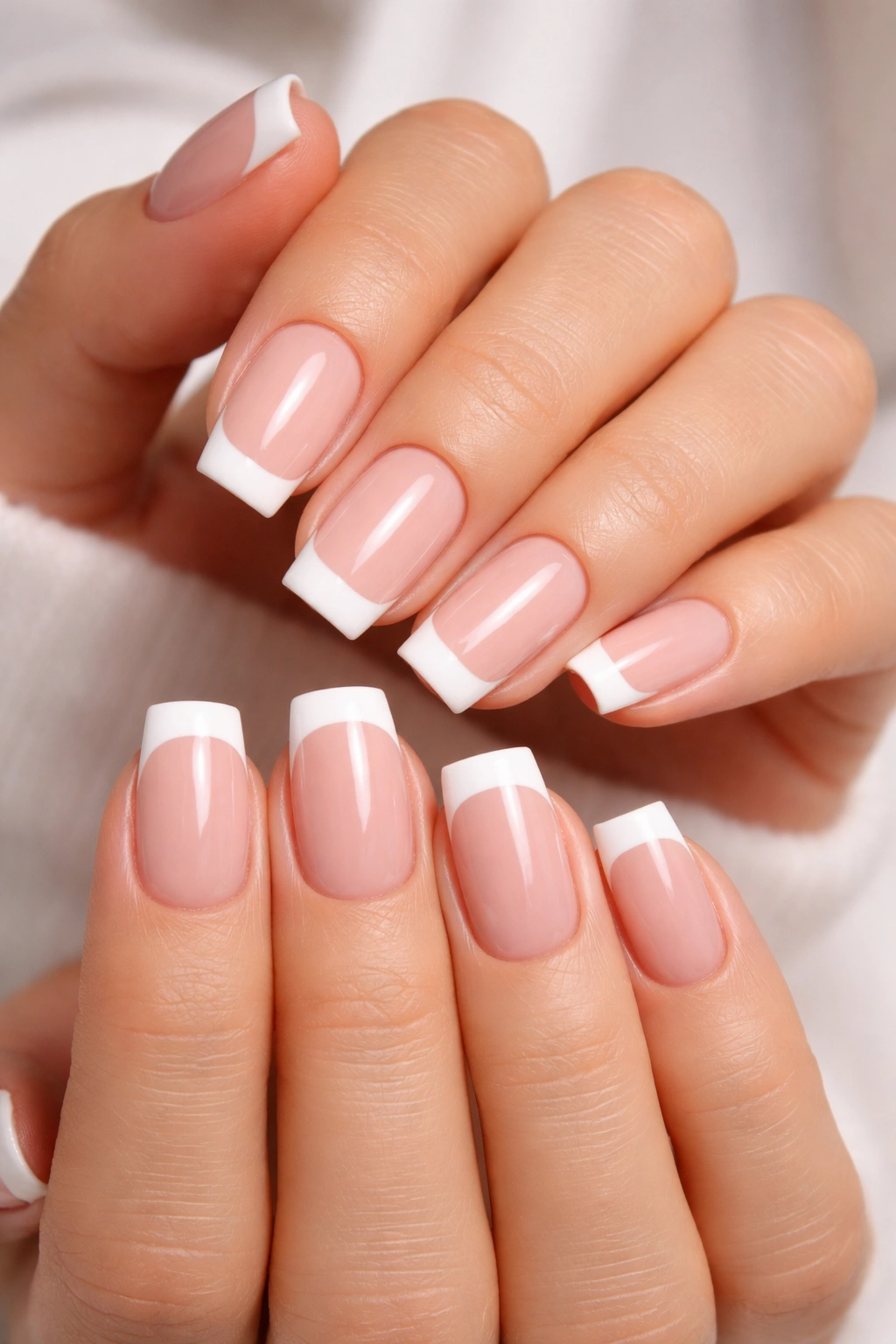 Close-up of nails with square French tips on short to medium nails