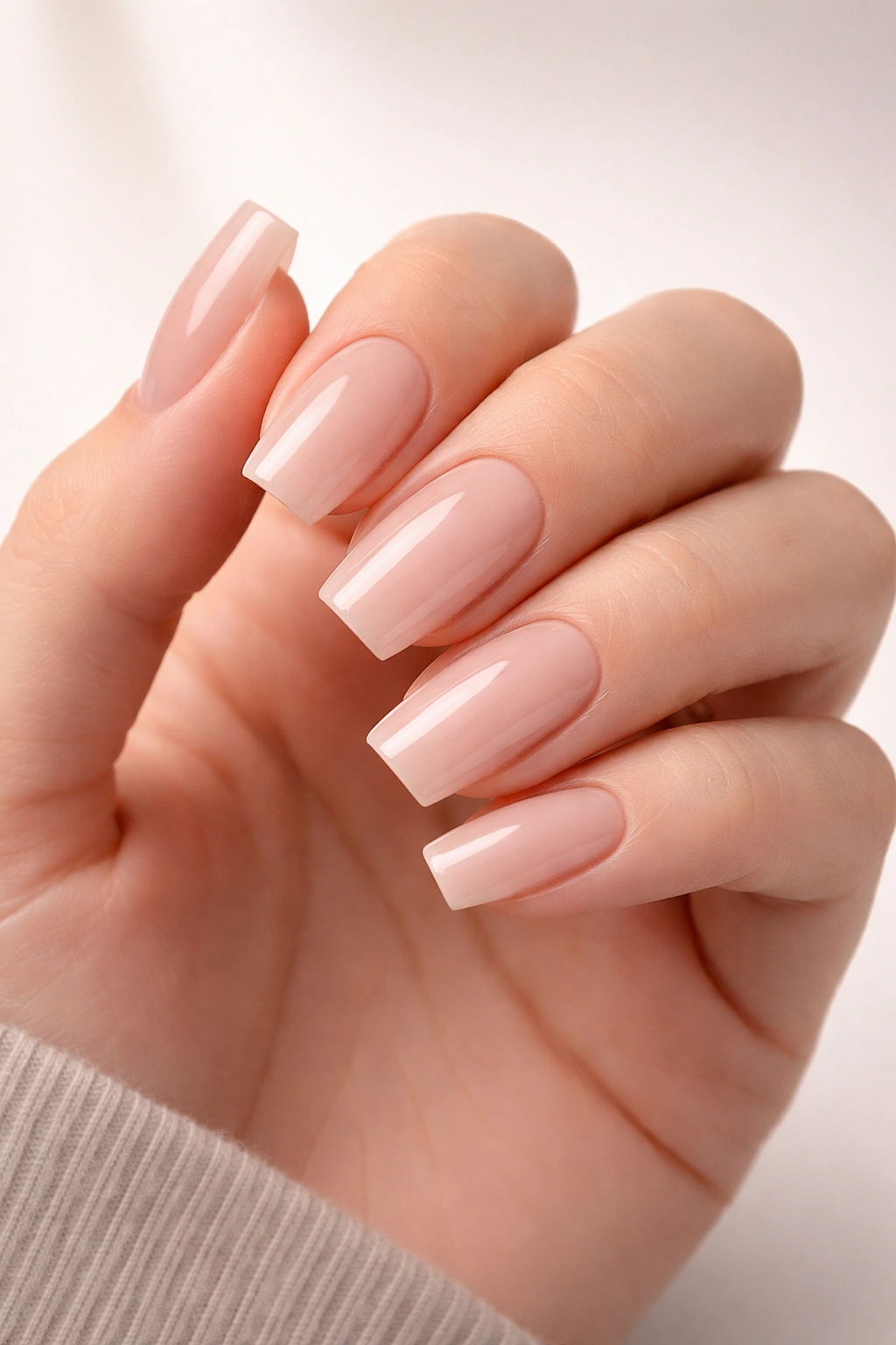 Close-up of soft-square acrylic nails with nude glossy finish on a hand