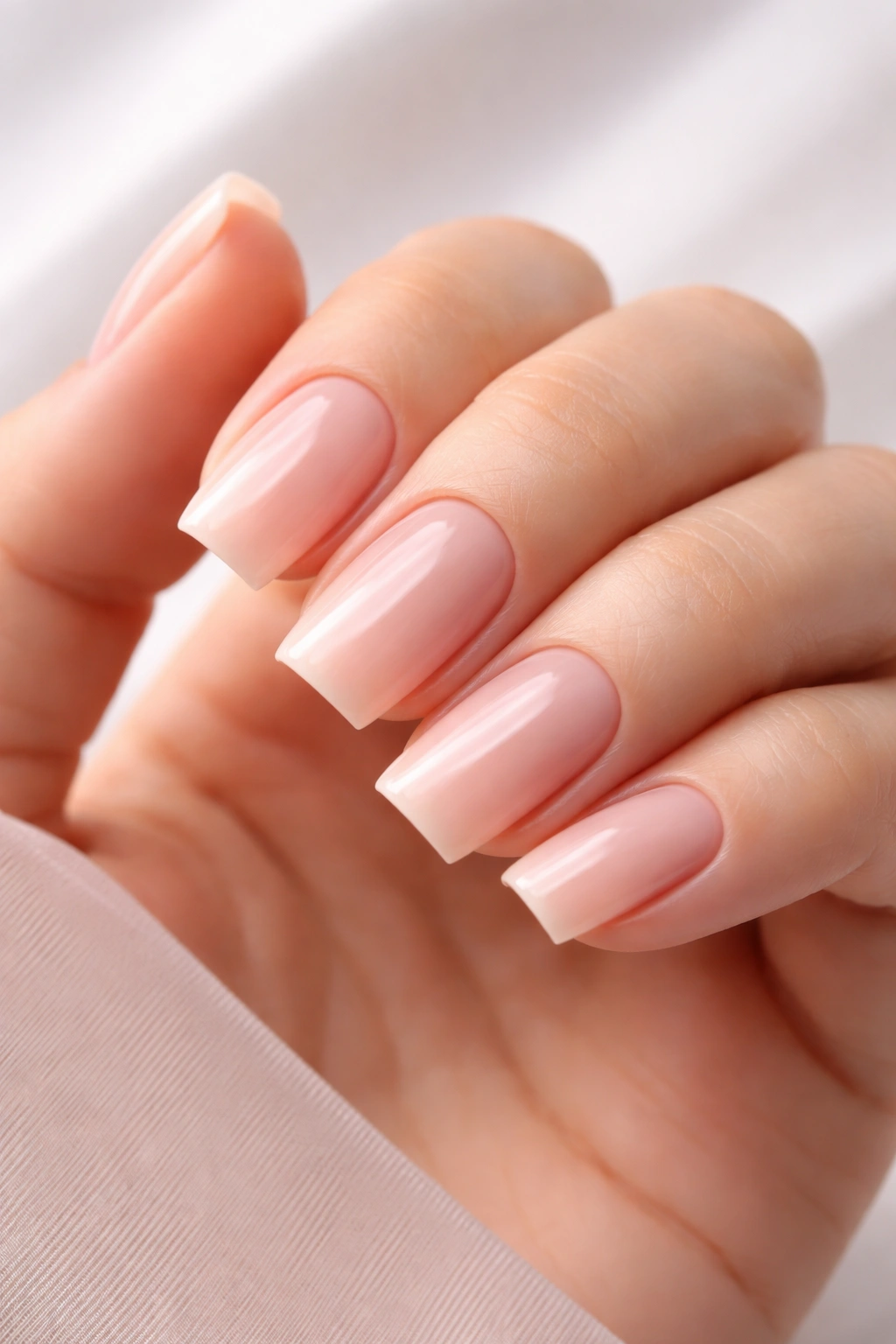 Close-up of short square acrylic nails with pale pink nude polish