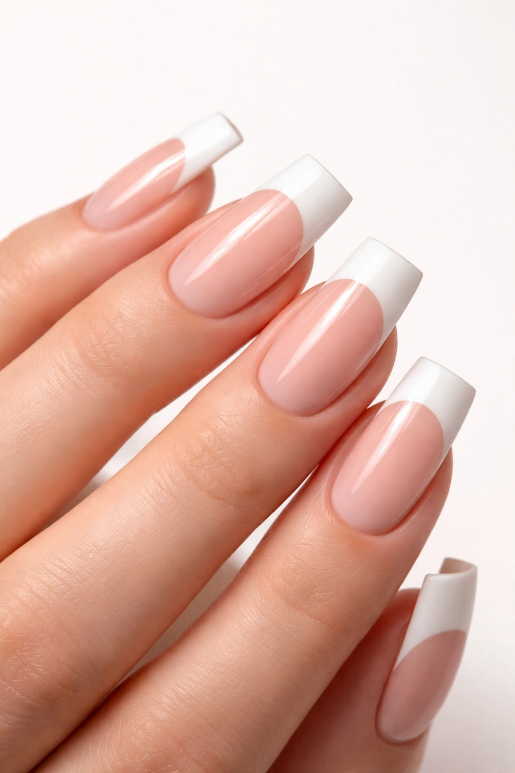Square acrylic nails with straight white tips on a hand