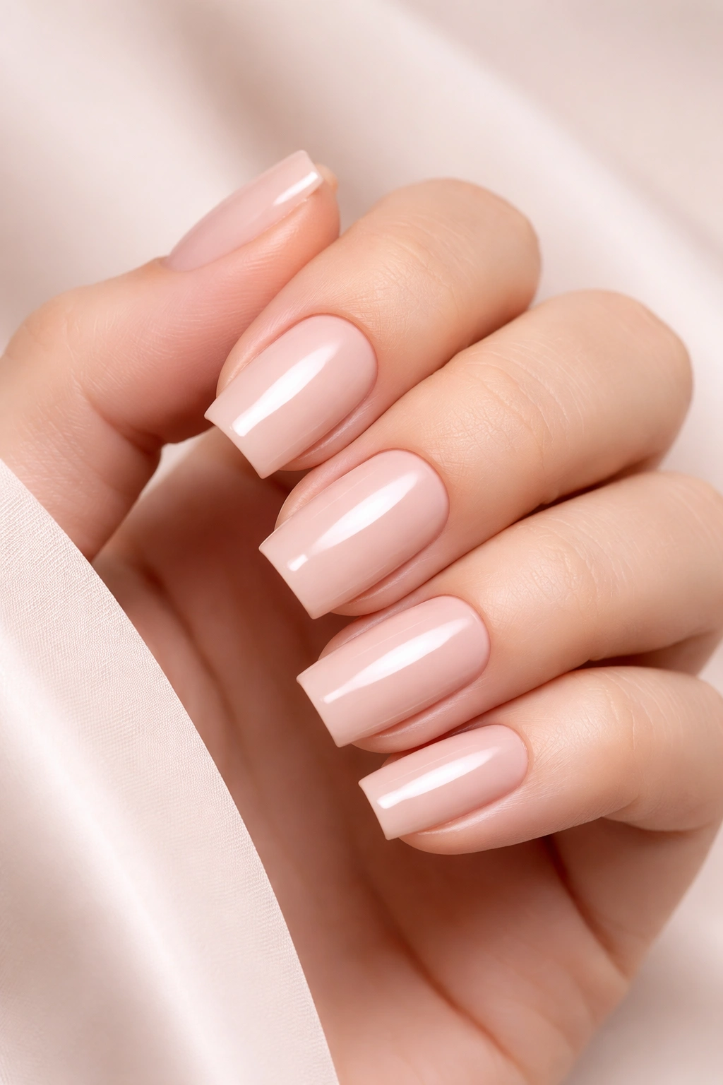 Nude square acrylic nails with glossy finish on a hand