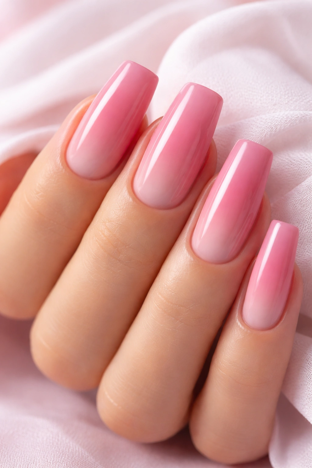 Pink ombré square nails with gradient from deep to light pink