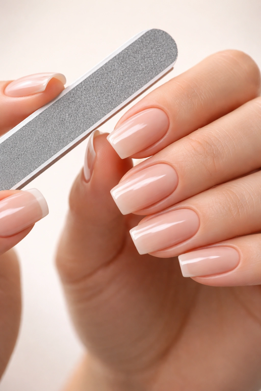 Close-up of square nails with straight tips and crisp corners