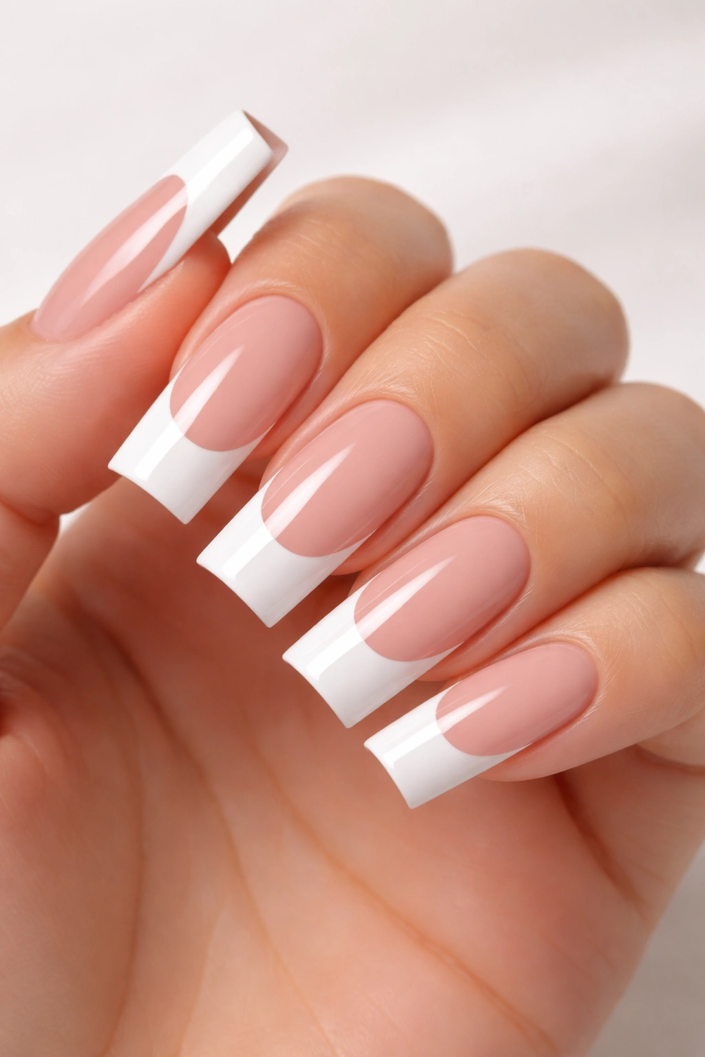 Close-up of square French-tip nails with extended white edge on nude-pink base