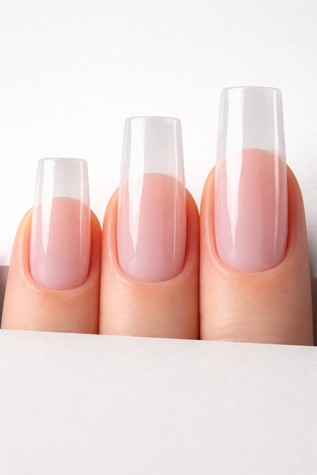 Close-up of square acrylic nails in short, medium, and long lengths on a neutral surface