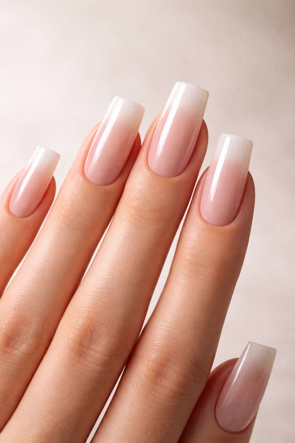 Close-up of long fingers with square nails on a single hand against a neutral background