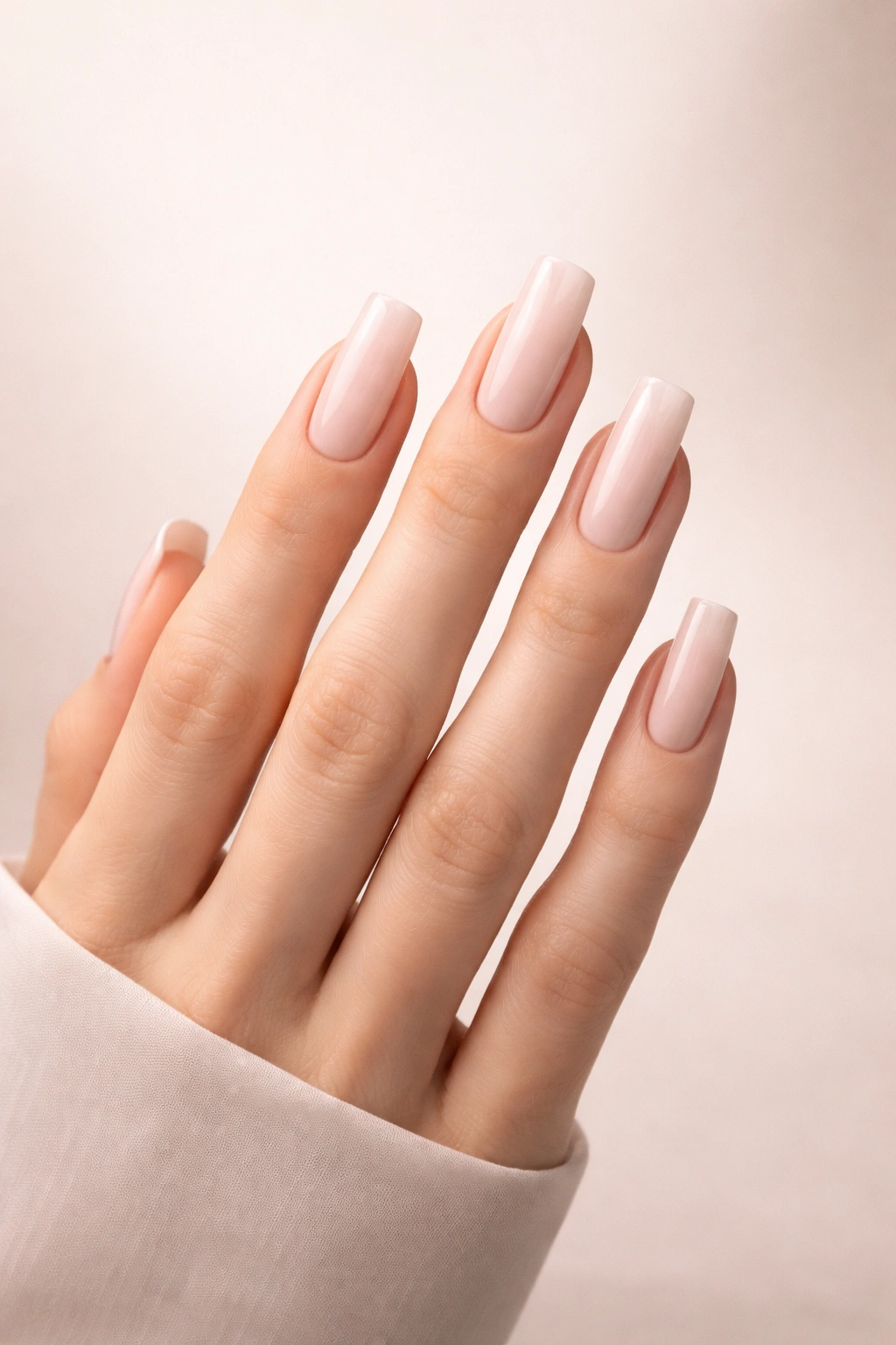 Hand with timeless square nails on long fingers