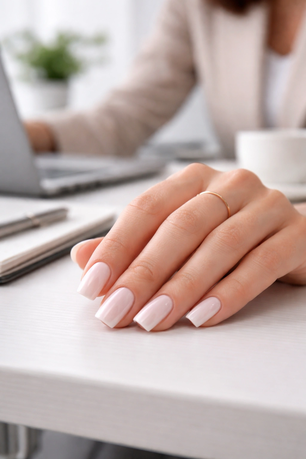 Square-edged fingernails on professional hand in office setting