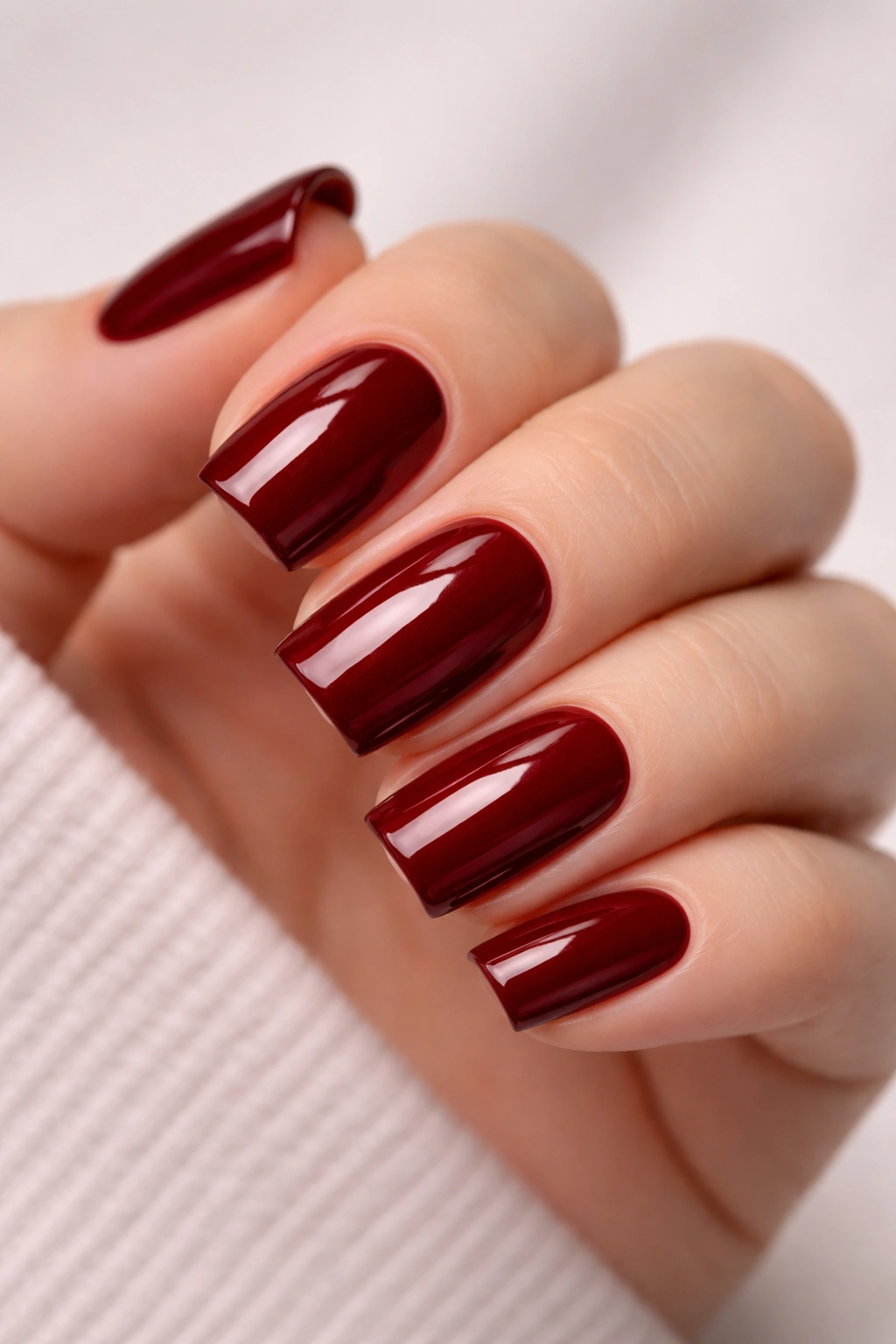 Close-up of square nails painted deep red burgundy on a hand, studio lighting
