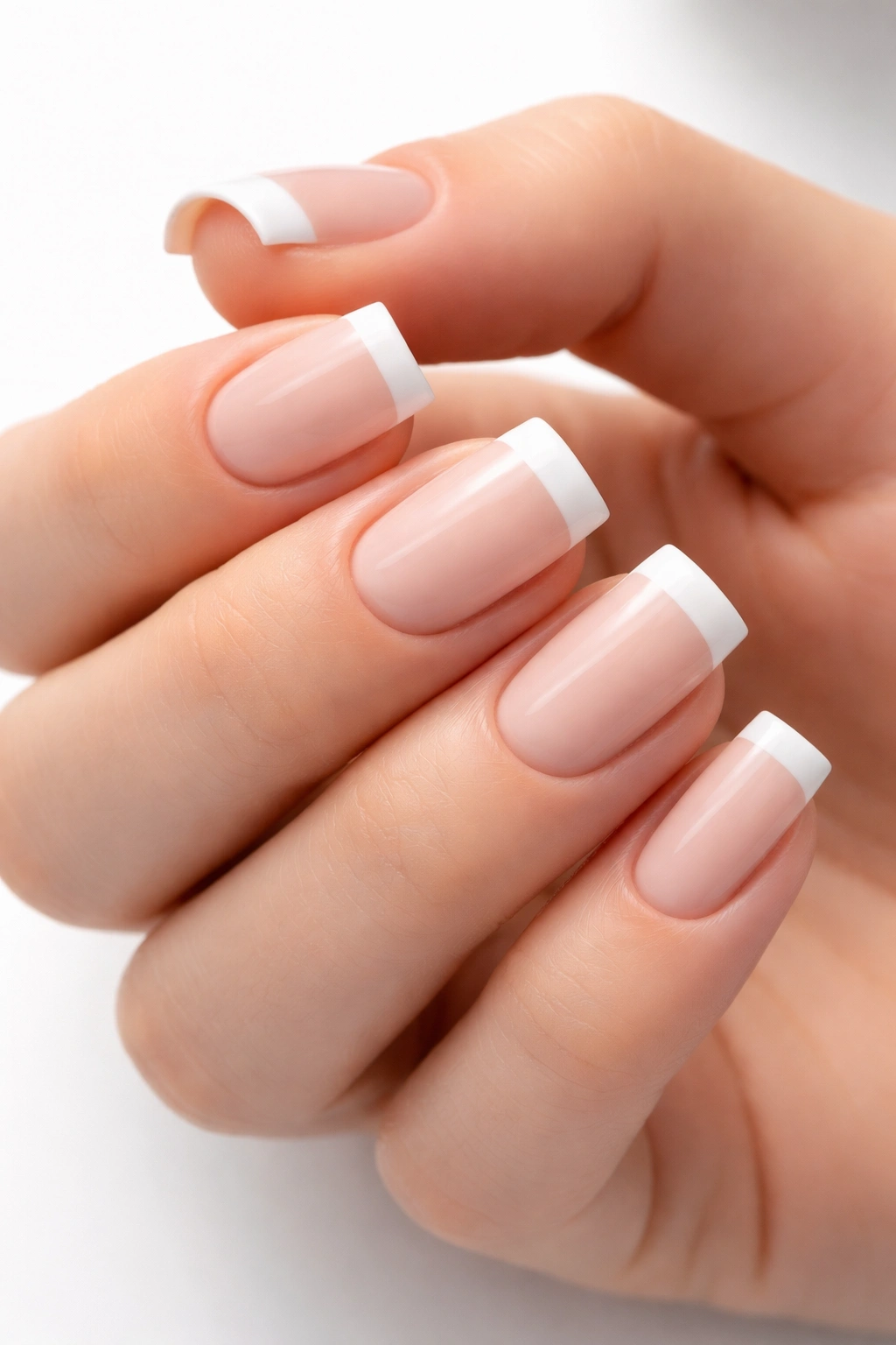 Close-up of a hand with short square nails on a plain background