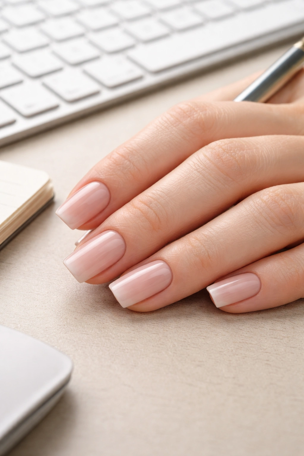 Square-edged fingernails performing desk tasks