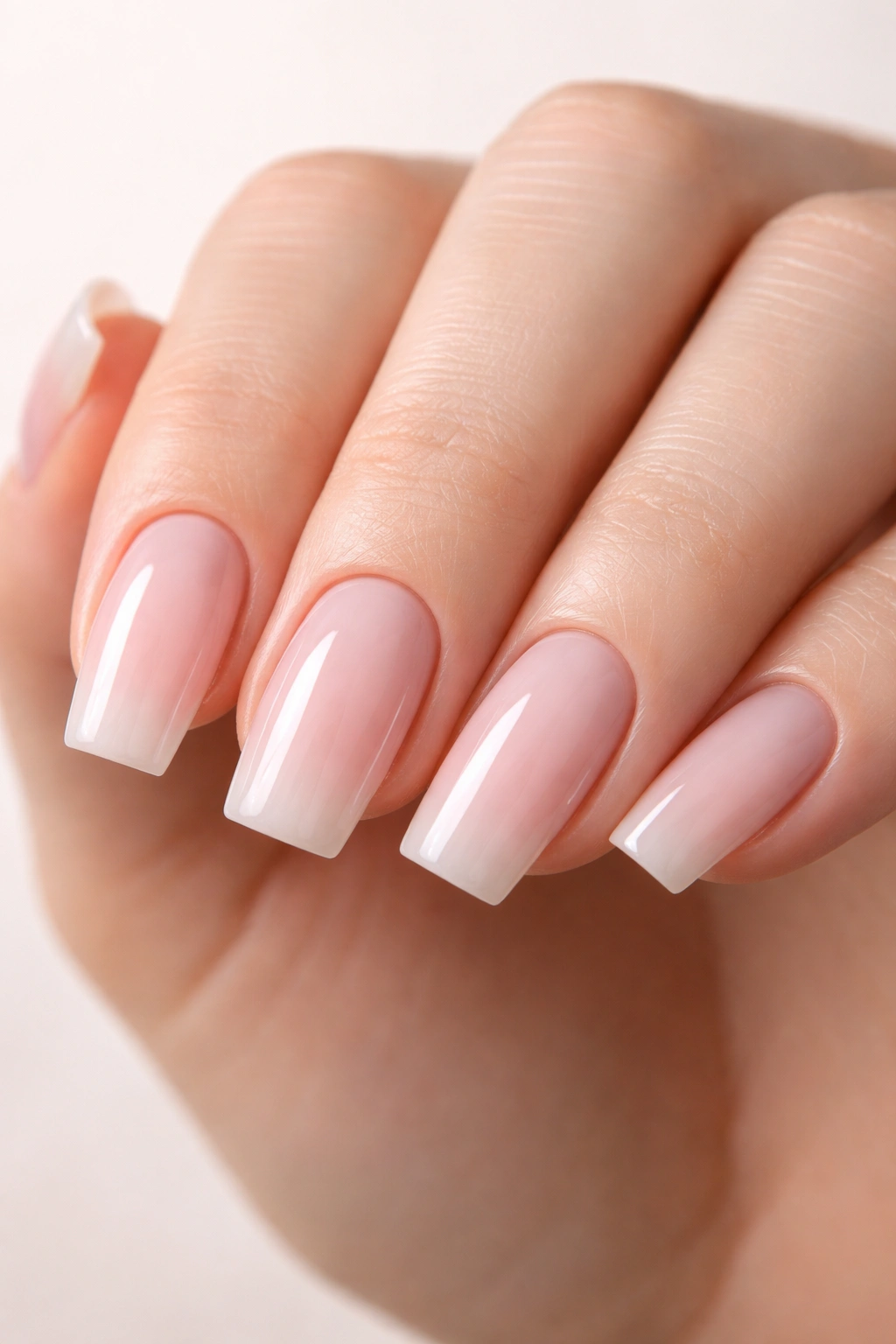 Close-up of square nails on a wide nail bed with blunt edges