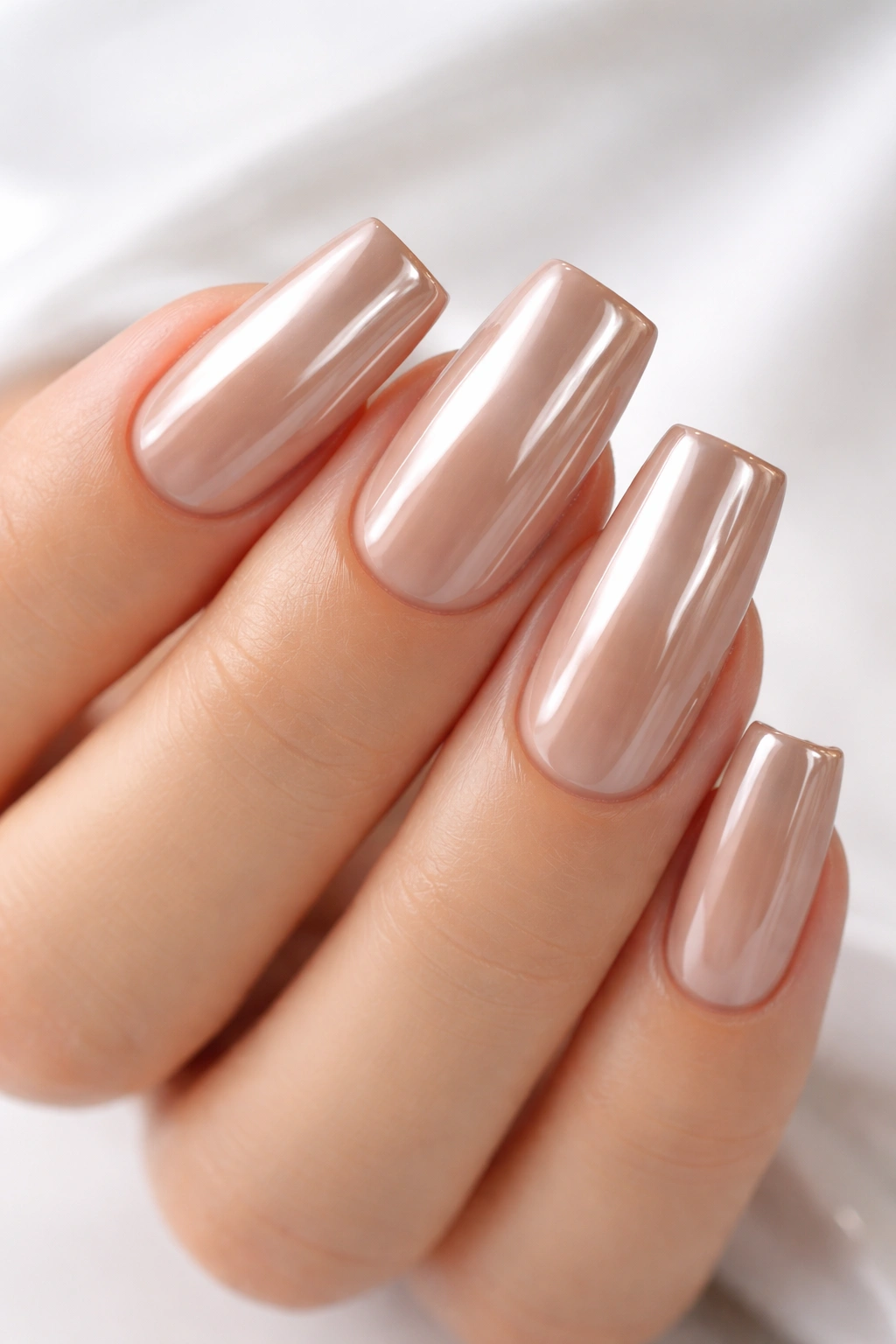 Square nude chrome nails with glossy finish
