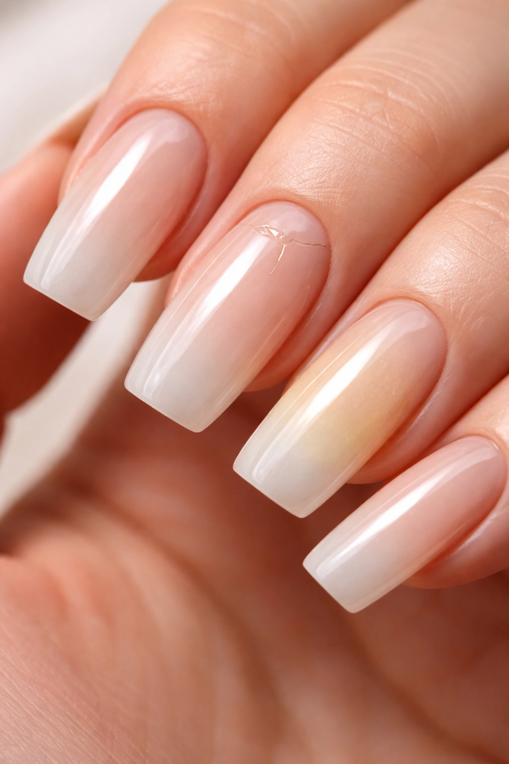 Close-up of long squoval acrylic nails showing lifting, cracking, and yellowing issues