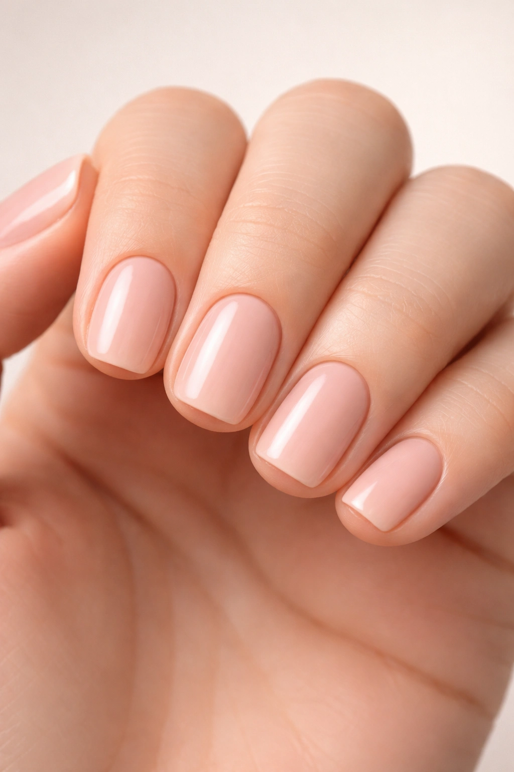 Close-up of a hand with short squoval nails showing rounded corners and proportional width