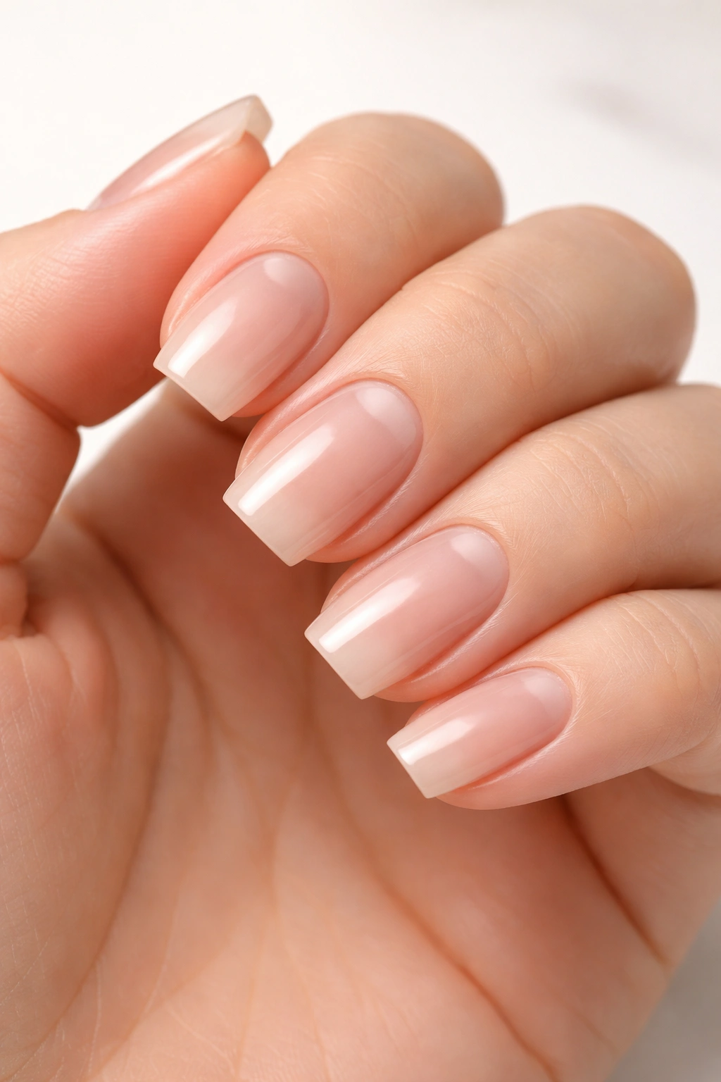 Hand with well-maintained squoval nails showing slight regrowth