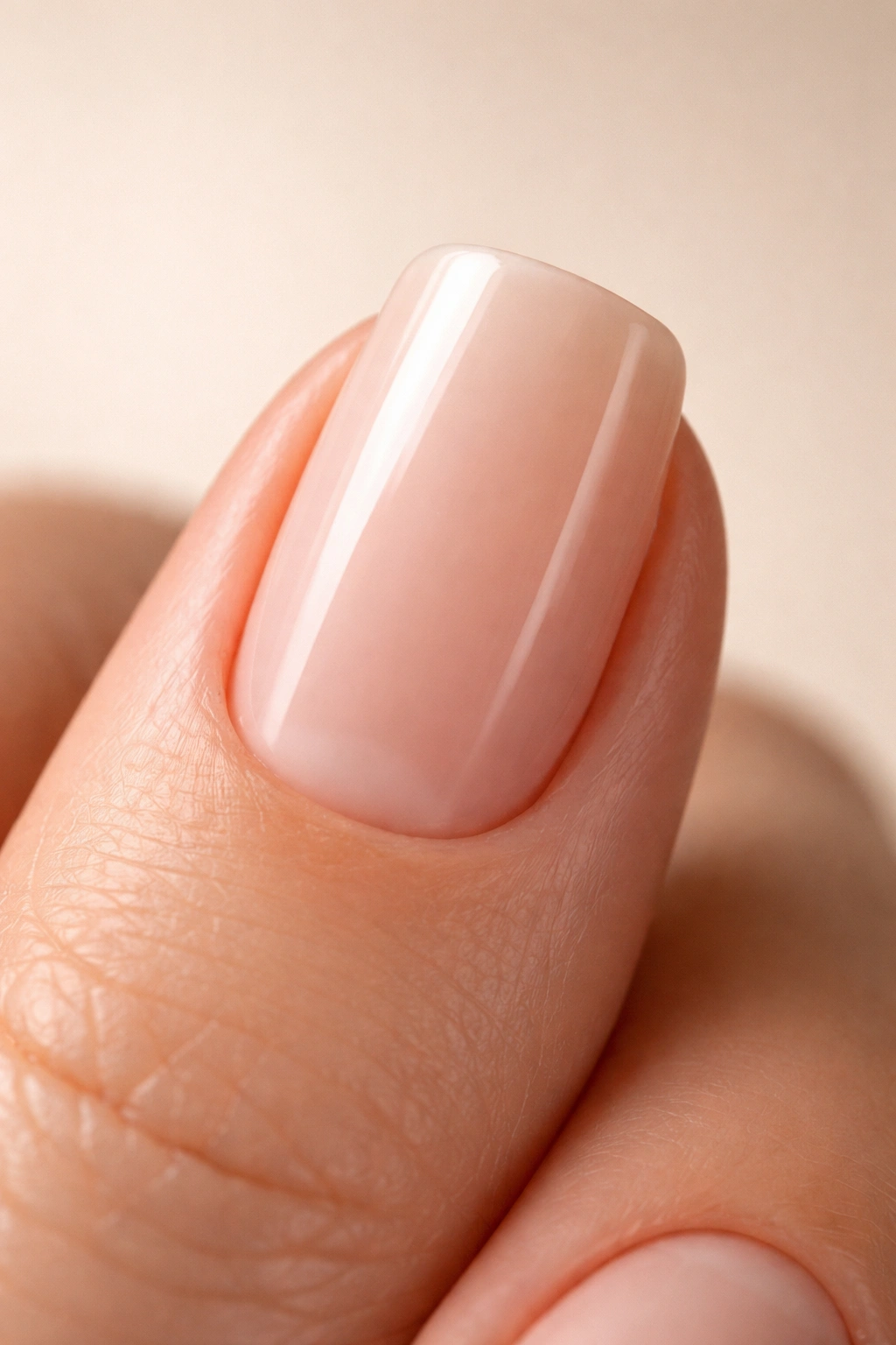 Close-up of a squoval nail showing straight top edge and rounded corners on a bare fingertip