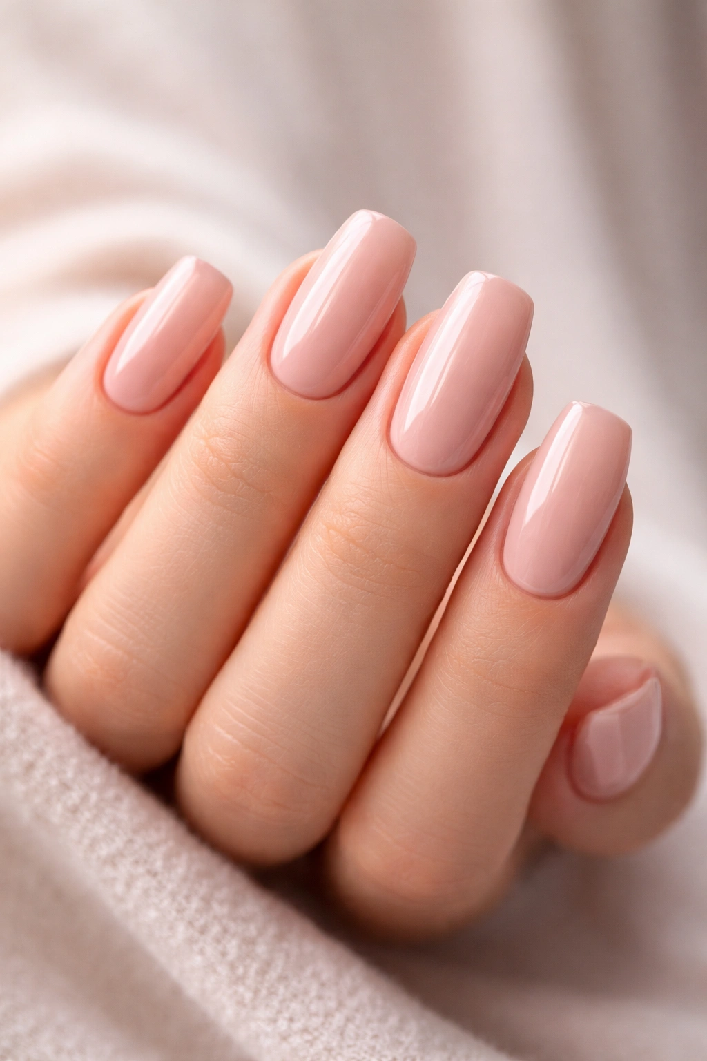 Close-up of squoval acrylic nails with rounded finish in soft pink nude polish