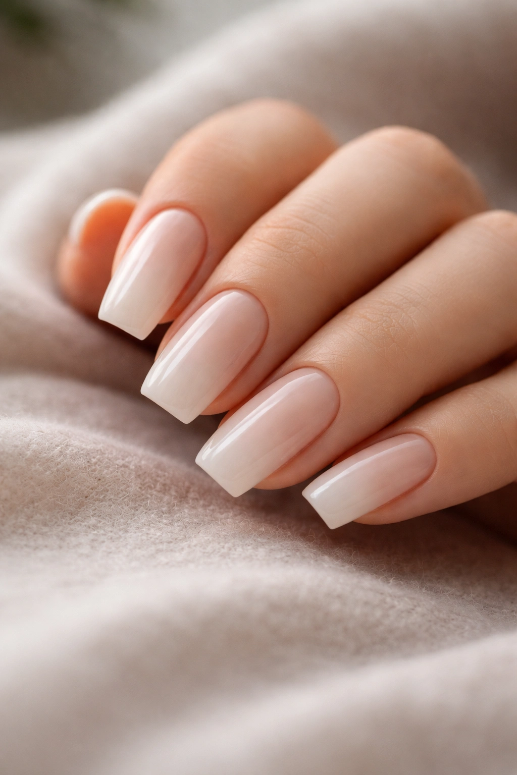 Close-up of squoval beige gradient nails