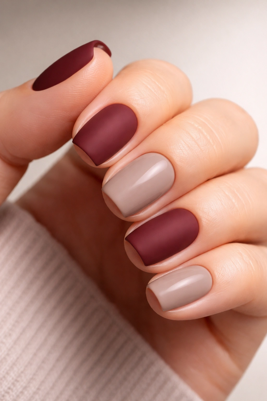 Close-up of short squoval nails in burgundy and taupe finishes