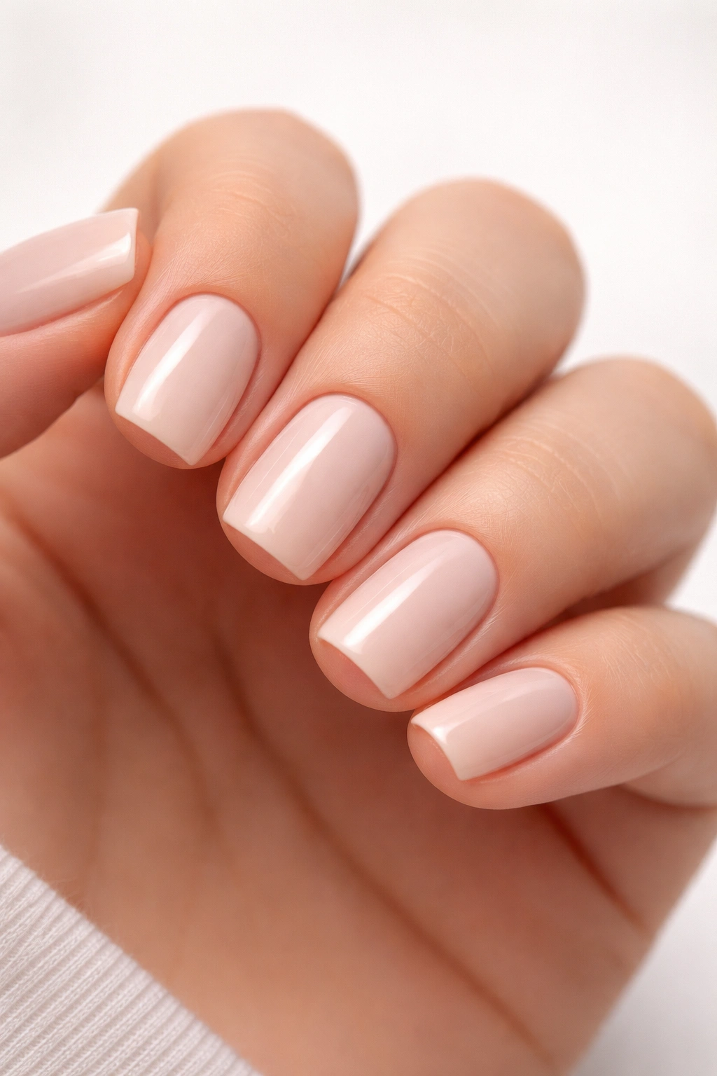 Close-up of squoval nails with soft squared-off edges and rounded corners.